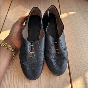 Poppy barley 8.5 Black Leather Brogue Slip-On Flats with Tan Laces